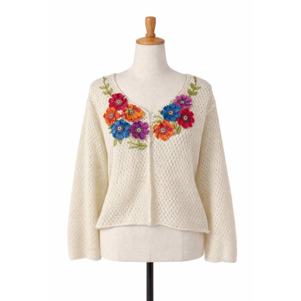 Sigrid Olsen Cream Pointelle Cardigan 3D Floral Beaded Flowers LP cottagecore